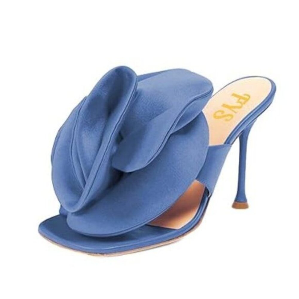 Women Elegant Floral Thong Heeled Mules Fashion Square Open Toe Slide Sandals